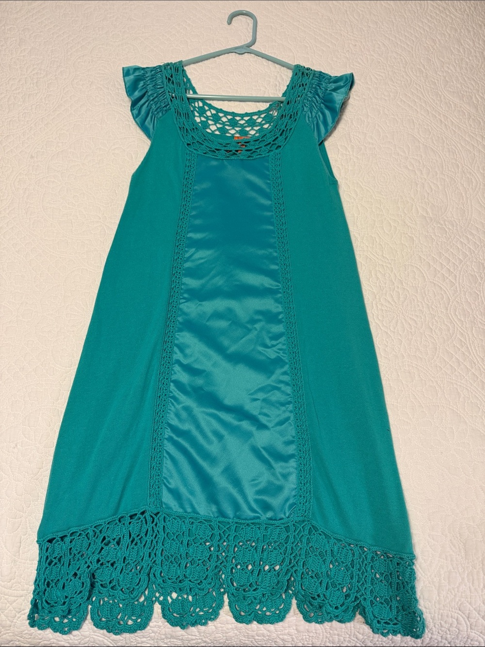BCBGeneration Teal Crochet-Trim Flutter Sleeve Dress, wow, beautiful